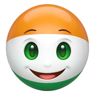 "A 2D-rendered, glossy, spherical emoji with a cheerful smiling face. The sphere is painted with the colors of the Indian flag—saffron on top, white in the middle, and green at the bottom. The emoji has large, shiny green eyes with black pupils, reflecting light for a cute and friendly expression. The background is plain white, making the vibrant colors and glossy texture of the sphere stand out. The overall style is smooth and cartoon-like, with a polished and modern look." sticker