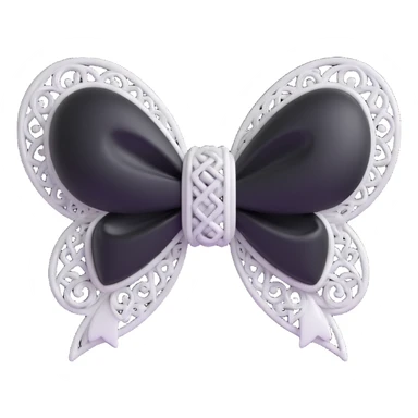 3D emoji gothic bow, pure white velvet, silver filigree, black gemstone center sticker