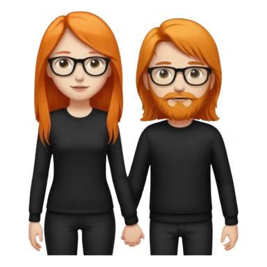 girl with long orange hair wearing no glasses and all black clothes and holding hands with boy with black hair and beard and glasses and pale skin sticker