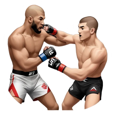 wo MMA fighters in the octagon, one delivering a strong punch while the other defends with a guard. The background shows the UFC octagon with the crowd in the distance. Transparent background emphasizes the dynamic intensity and skill of mixed martial arts. sticker