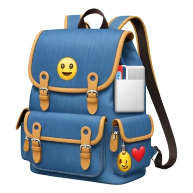 An emoji-style blue denim backpack with a flap top and one small buckle straps attached only on the flap, not connected to the front panel. No front pockets or vertical straps below the flap. Clean and minimal design with two side pockets. 



 sticker
