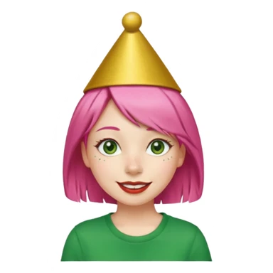 Create a girl with pink hair and green eyes with long eyelashes and a smiley face. She has freckles in her face and a lit of bit of lipstick on her mouth, she’s also got gold birthday hat on her head with gold pom poms on top of it, and her T-shirt is red sticker