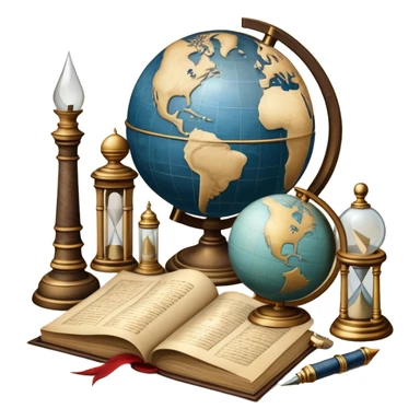 An icon featuring ancient scrolls, a quill pen, and large, old-fashioned sand clocks, symbolizing the study of history. The design includes a globe and a timeline with significant historical events, set against ruins to evoke past civilizations. Transparent background highlights the passage of time. sticker