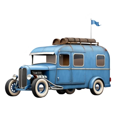 A rat rod 1934 hot rod caravan pulling a large matching trailer, blue and pearl  sticker