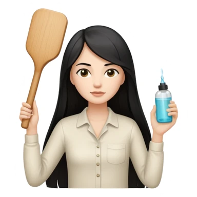 A white woman with long, straight black hair, wearing an ivory-colored shirt, holding a small square wooden paddle hairbrush in her left hand and spraying a hair mist bottle with her right hand toward her hair. sticker