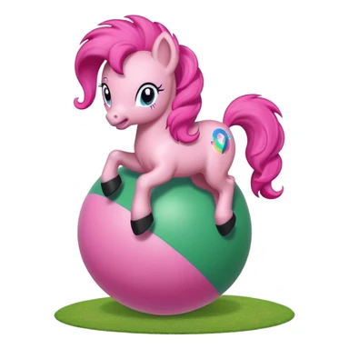 Pinkie Pie pony from My Little Pony happily bouncing on a big colorful ball, cartoon style, bright colors, cheerful expression, background with green meadow or playground sticker