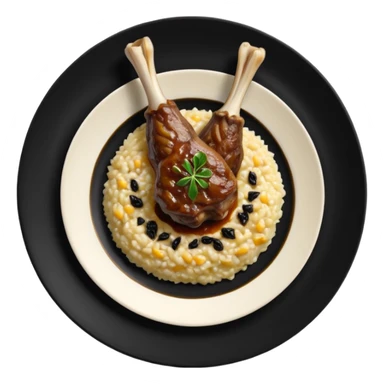 Lamb Shanks with Risotto Nero on a black plate, top view sticker