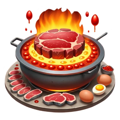 Iron-rich foods (liver, steak, sardines, dark chicken meat, egg yolk) surrounding a glowing forge that transforms them into bright red blood cells. The blood cells carry tiny oxygen molecules throughout a luminous outline of a body, bringing energy to muscles and vital organs. sticker