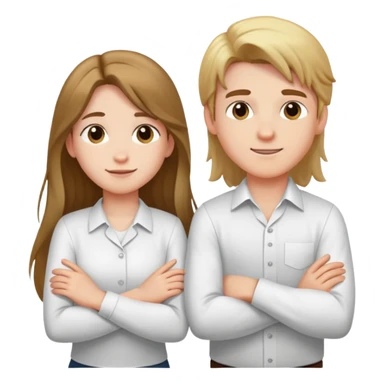 A boy in a white shirt and a girl with long hair crossed their arms over their chests - with happy faces sticker
