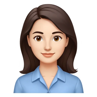 Professional woman in her 30s with light complexion, oval face, gentle features, large dark brown eyes, well-formed medium eyebrows, small nose, warm friendly smile, long slightly wavy dark brown hair with soft volume, wearing a light blue dress shirt sticker