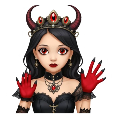 Slim fitting Holed and worn Lavish black evening gown with see-through gloves, Jenna Ortega as Addams woman wearing a steampunk mini tiara, very large blood red evil-looking horned old dragon evil eyes  sticker