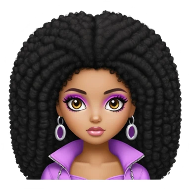 pretty bratz girl, dark black big afro, dark brown eyes, y2k fashion, black eye liner, dark black skin sticker