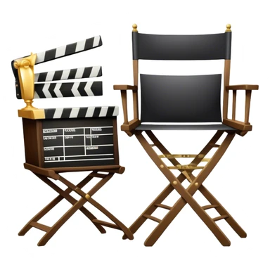 Icon for Directing: a director's chair, a film slate, a megaphone, a stage set with lights and an Oscar statuette. The icon should represent the creative and leadership aspects of directing, with focus on film and theater production. Transparent background. sticker
