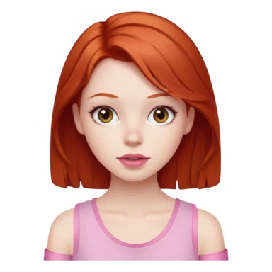 Redhead girl with deep brown eyes, pale skin with light red lips wearing a pink strap shirt sticker