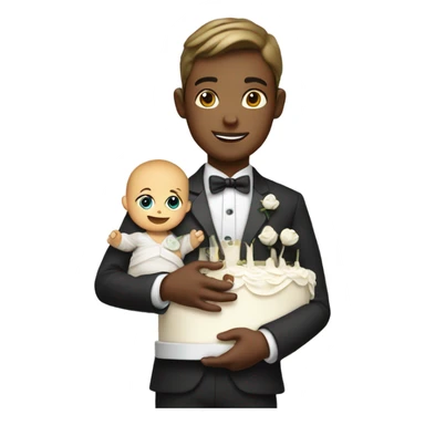 Boy in waiter costume holding a wedding cake and a baby sticker