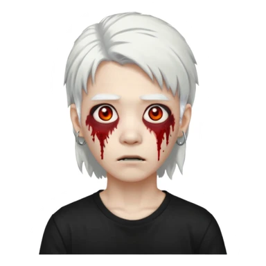 ok make a zombie avatar that has pale skin more like zombie not human, young, asian, mullet hair, white hair with hoop earrings wearing just a black T shirt white blood from the eyes, p sticker