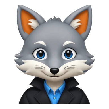Grey anthropomorphic furry fox with a black coat, blue eyes, and a small fringe of black hair, smiling sticker