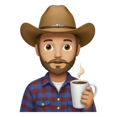 generate an ios genmoji of a 20 year old tan boy with a cowboy hat and mutton chop beard. Wearing a flannel and carrying a coffee mug sticker
