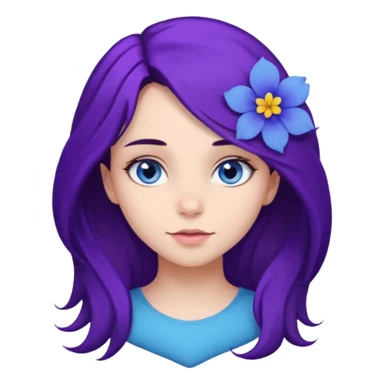 Create a girl of European appearance who looks sideways with dark brown hair, blue eyes and a purple hair flower sticker