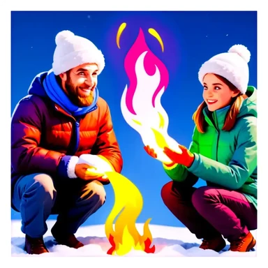 Drei Personen, Lagerfeuer in schneebedeckten Wald mit Nordlichtern am Himmel sticker