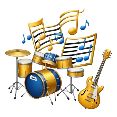 Create an elegant and artistic emoji that represents music arrangement and orchestration. The design should feature musical notes, a set of piano keys, a drum set, and an electric guitar to symbolize the diverse elements of orchestration and arrangement. Include a conductor's baton to emphasize the role of a conductor in bringing all the instruments together. Use a mix of rich colors like gold, silver, and deep blue for sophistication, and add flowing lines to represent the harmony between different instruments. The background should be transparent. sticker