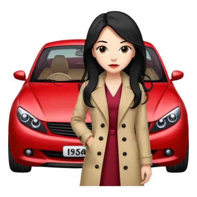 A fast, expensive black car with a young woman beside it The young woman has long black hair, wears a beige formal coat, and underneath is a cherry-colored dress. With expensive blak caaar sticker