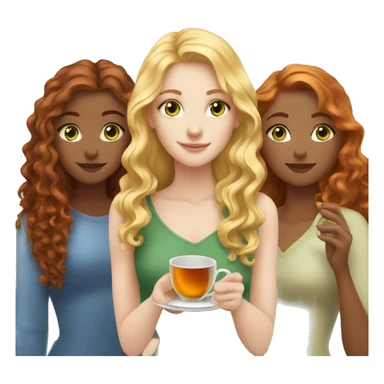 Three fair-skinned girls, a blonde with curly hair and gray eyes, a redhead with green eyes and long hair and a brown-haired woman with long hair and blue eyes are drinking tea sticker