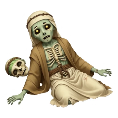 fullbody zombie leper laying on the ground, torn head wrap, exposed bones, simple Jesus-era robes sticker