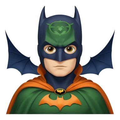 generate a batman emoji with just the face and neck showing and part of the cloak and and wings. Shade the bat logo on the chest in a medium green with a slight olive touch. Shade the mask in dark navy blue. Shade the cloak in a solid vibrant orange.

 sticker