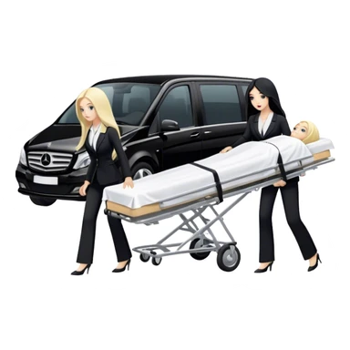 Two woman with long hair. One has black hair and one is blond. They have black pants suits on. And they are pushing a funeral stretcher in to a black Mercedes Vito funeral car. On the stretcher is a body covered in white sheets sticker