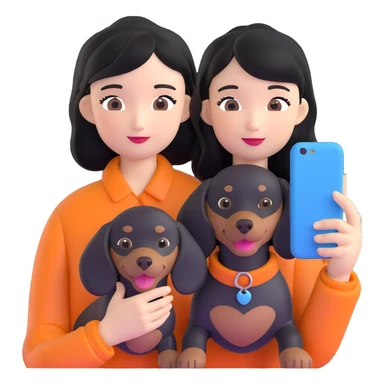 black hair asian girl taking selfie with black dachshund sticker