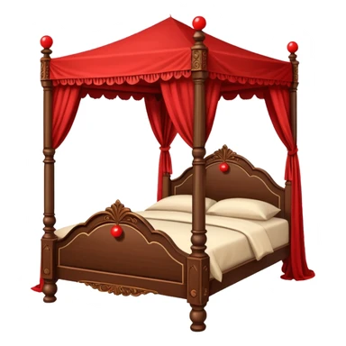 Wooden four poster bed with canopy handing small red balls on edge  sticker