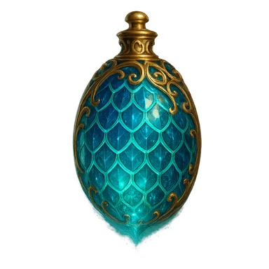 very luxurious crystal oval-shaped elixir bottle inspired by a dragon egg, with magical scale pattern, lots of glowing, edges, ornaments, golden details, magical effects, very small golden neck, transparent background, beautiful merging bottom, clearly floating in the air, no base or shadow, premium class, magical, fitting a collection sticker