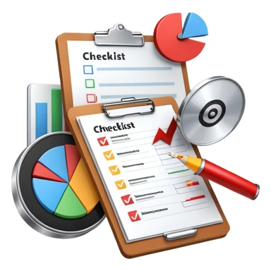 An icon featuring a pie chart, a clipboard with a checklist, and a megaphone, symbolizing management and marketing. The design includes upward-trending graphs and a target with an arrow, representing strategy and success. Transparent background highlights business organization and promotion. sticker