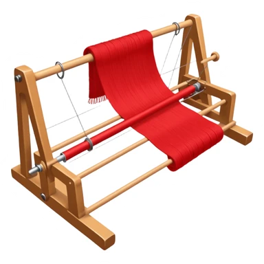 rigid heddle weaving loom set up for weaving a bright red scarf, with red yarn on a stick shuttle laying across the warp threads sticker