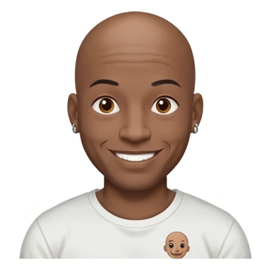 bald black man with full face tattoos, smiling, wearing a t-shirt sticker