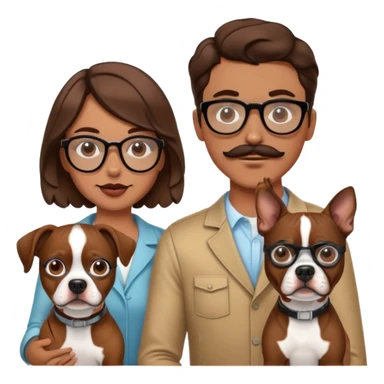 young hip fashionable cool couple wavy hair brunette man w wire glasses and mustache and brunette girl with bob and a brown pitbull boston terrier  sticker