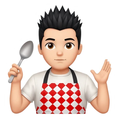 big boy with black spiky hair styled upward, wearing a white apron with red squares pattern sticker