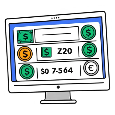 computer screen with price comparison dashboard showing multiple currencies € $ £ ¥ sticker