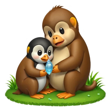 A monkey melting and crying while having a penguin on its head and both of them are touching grass sticker