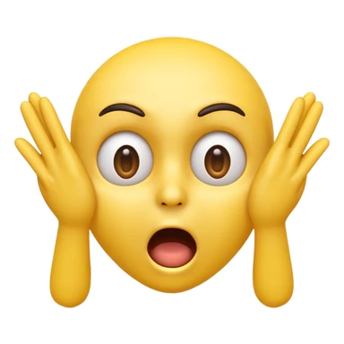 A 3D glossy yellow emoji of a shocked horrified face, with mouth and eyes are wide open, eyebrows  raised, and hands against their face, black background, high quality, soft studio lighting sticker