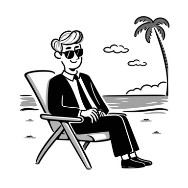 blonde businessman in formal suit sitting in a beach chair on a tropical vacation, relaxing sticker