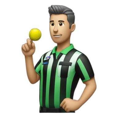 A fifa Soccer referee with green shirt whistling a blue whistle for a position sticker