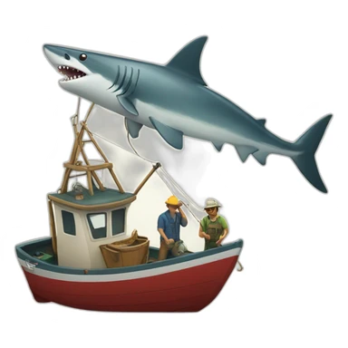 Fishing boat with fishermen catching a shark sticker