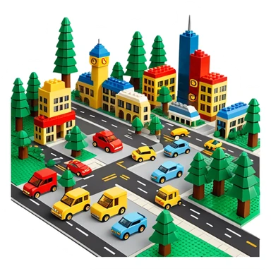 A photorealistic icon featuring a cityscape built from colorful LEGO bricks, with LEGO buildings, roads, cars, and trees. The design highlights the intricate details of the LEGO structures, capturing the creativity and fun of building with LEGO. Transparent background. sticker