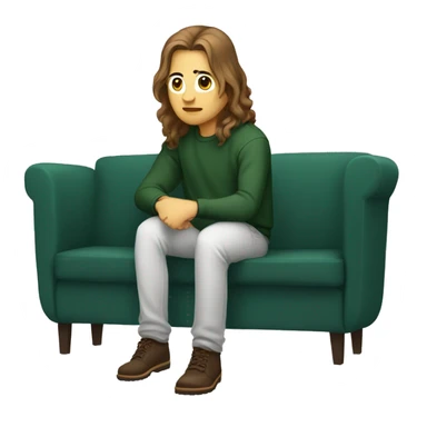a web developer with long hair and a dark green sweatshirt sitting in a pose where the hand is on the knee forward and the second leg is under the booty , light-colored sofa , brown hair sticker