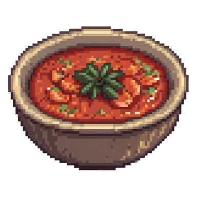 pixel art bowl of red tomato chutney with garlic sticker