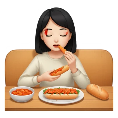Girl black long hair eat kimchi close eyes baguette sticker