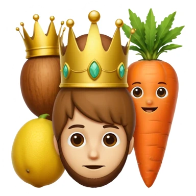 There is a hazelnut with a crown on his head, on his left side is a lemon like a hacker and on his right side is a carrot like a detective sticker