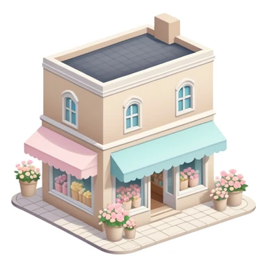 isometric exterior little beige and white shop with abundant pastel florals everywhere sticker